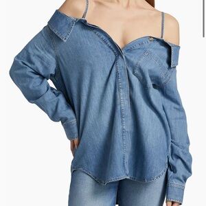 Good American Blue Denim Off-Shoulder Blouse